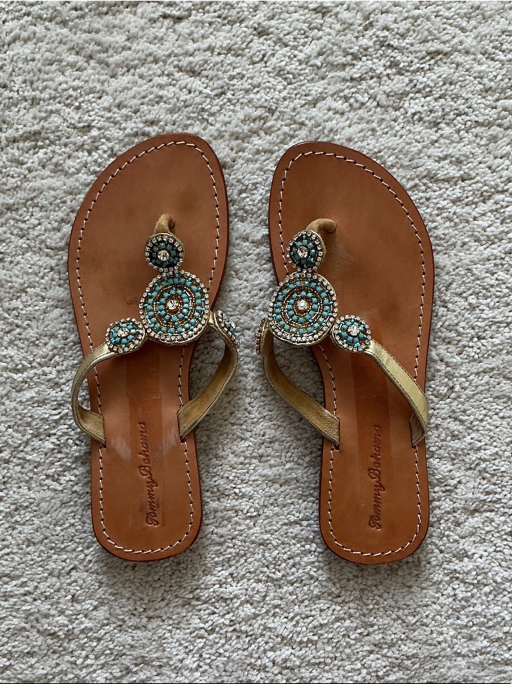 Tommy Bahama Gold Strappy Sandals with Turquoise Beaded Medallions size 6